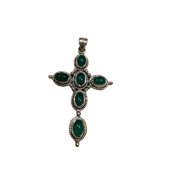 Artisan Sterling Silver Green Onyx Cross Pendant Southwestern Whimsigoth grunge - Picture 2 of 7